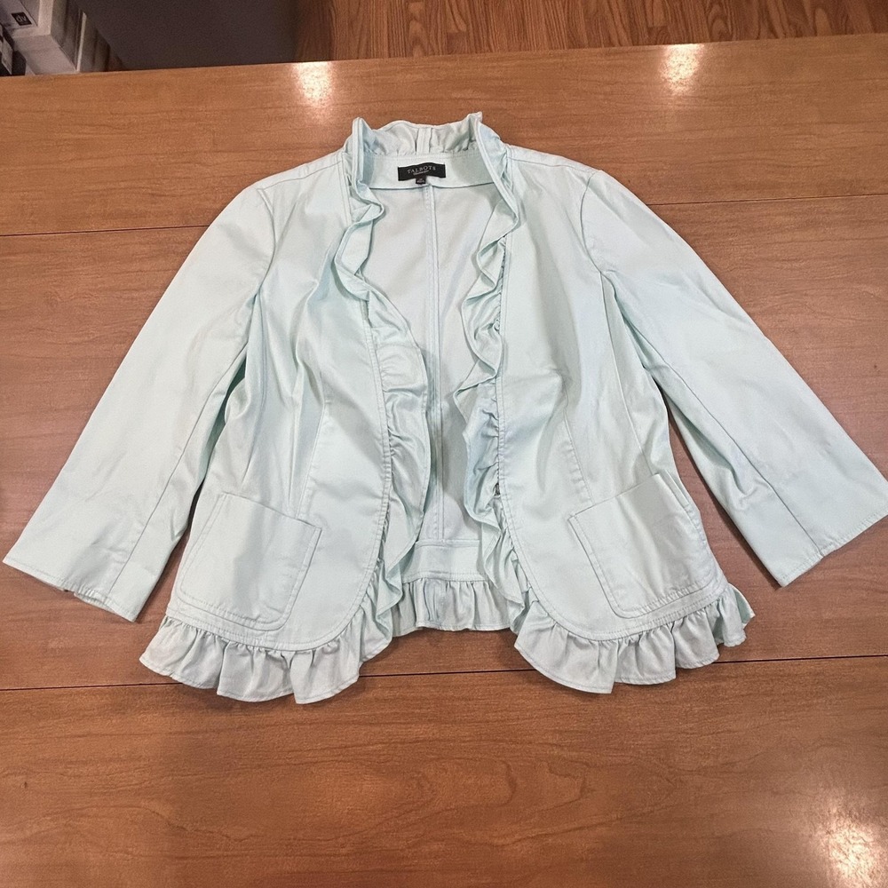 Talbots Blazer Womens 10 Blue Cotton Blend Ruffle Trim Collarless 3/4 Sleeve